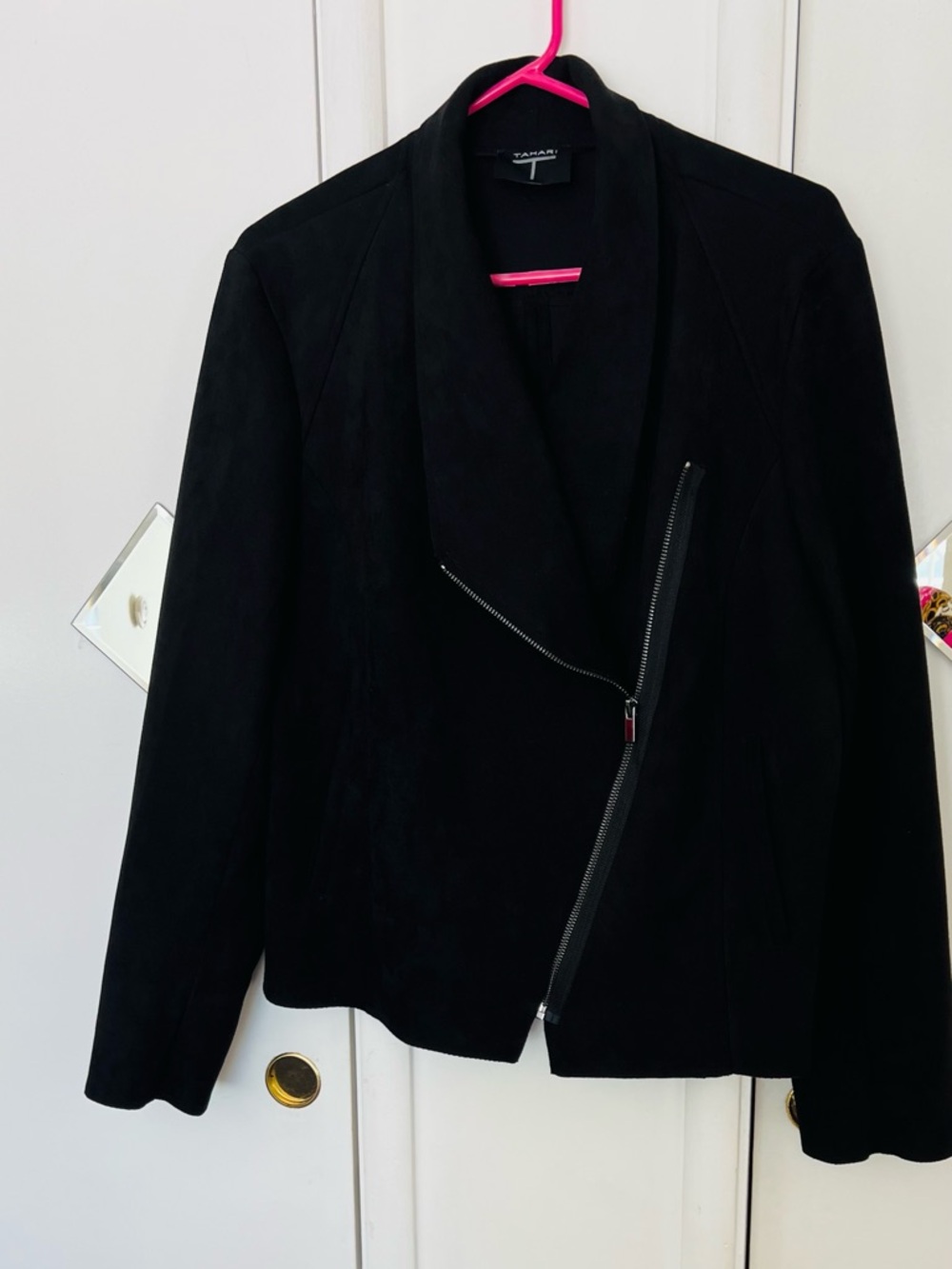 Tahari Black Asymmetric Zip Suede-Look women’s Jacket size XL